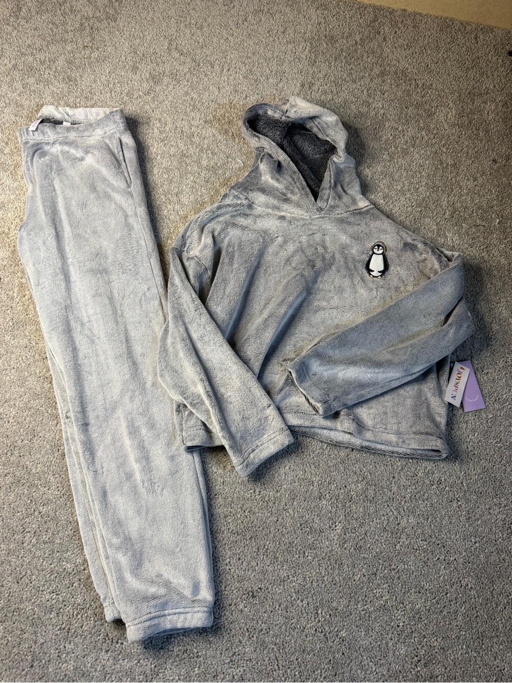 Plush Grey Women's Hooded Pajama Set with Penguin Patch